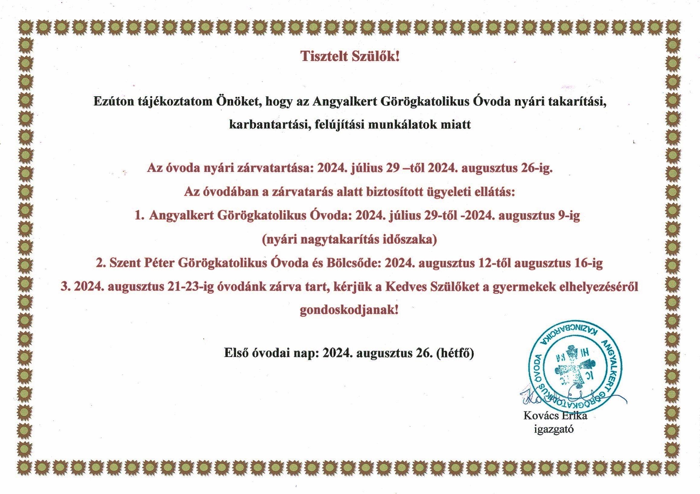 Óvodánk nyári zárvatartása